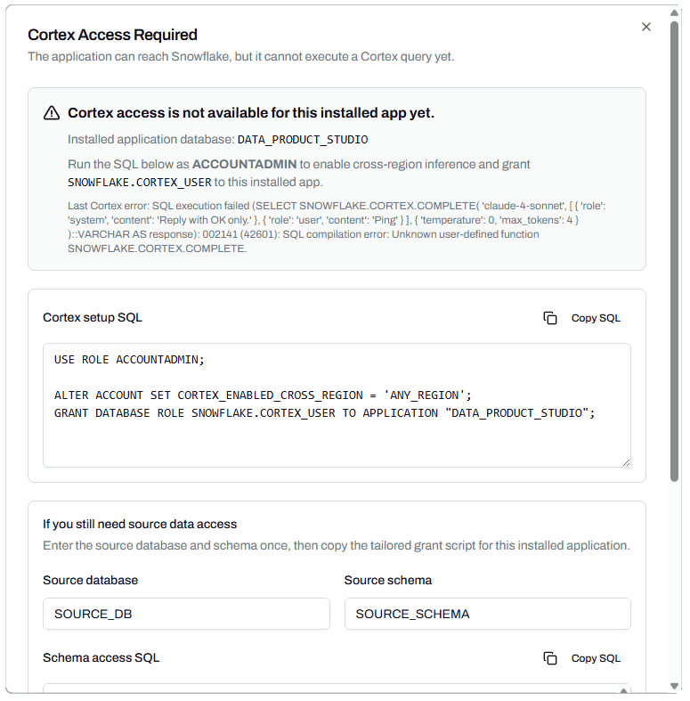 The Cortex Access Required notice in the app, showing the generated Cortex setup SQL with the installed application database name pre-filled.