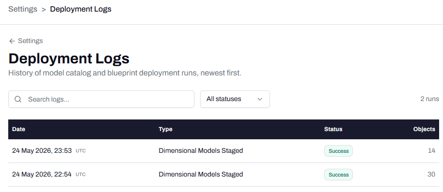 The Deployment Logs screen listing two deployment runs, with Date, Type, Status, and Objects columns, a search box, and a status filter.