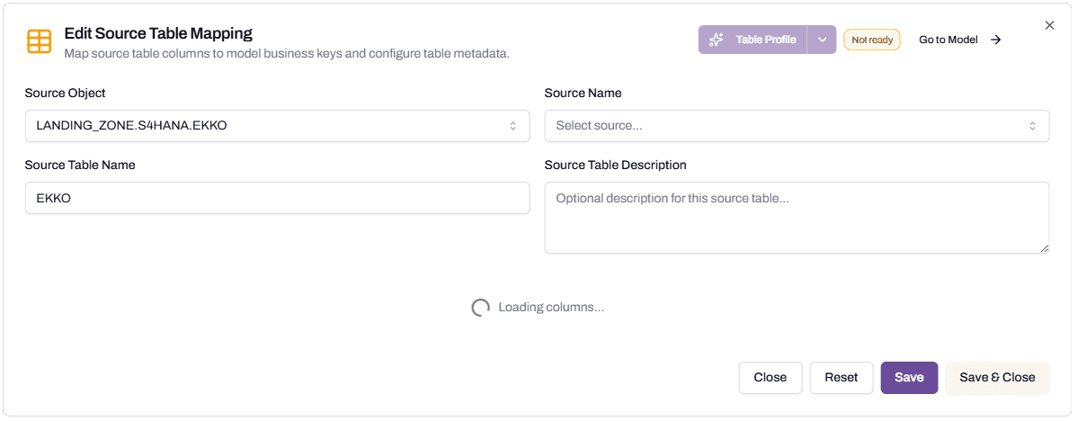 The Business Key Definition section of the Edit Source Table Mapping dialog, showing the Add Business Key button and a row with EBELN as the source field, PURCHASE_ORDER_HEADER as the storage field, and a star icon indicating it's the primary business key.