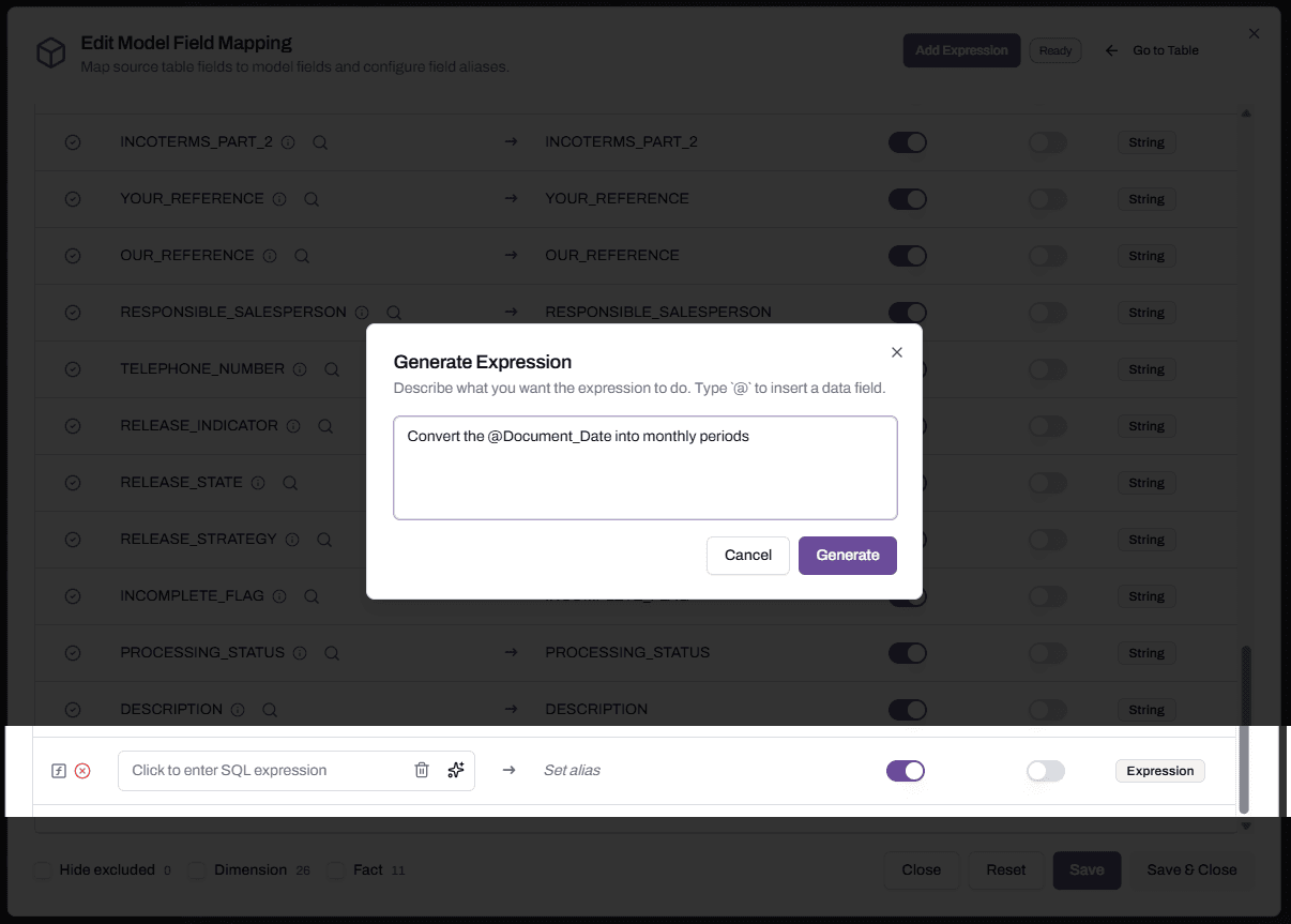 The Generate Expression dialog with the prompt "Convert the @Document_Date into monthly periods" typed in, and the Generate button highlighted.