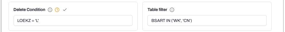 The Edit Source Table Mapping dialog showing two SQL filter panels side by side. The Delete Condition panel on the left contains LOEKZ = 'L'. The Table filter panel on the right contains BSART IN ('WK', 'CN').