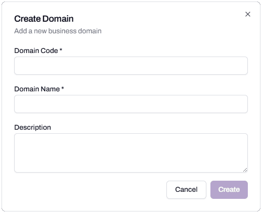 The empty Create Domain dialog showing the Domain Code, Domain Name, and Description fields, with the Create button at the bottom disabled until the required fields are filled.