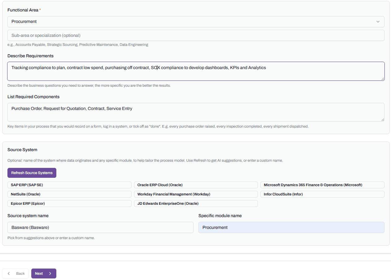 Step 1 lower section showing Functional Area, Describe Requirements, List Required Components, and the Source System picker with AI suggestions.