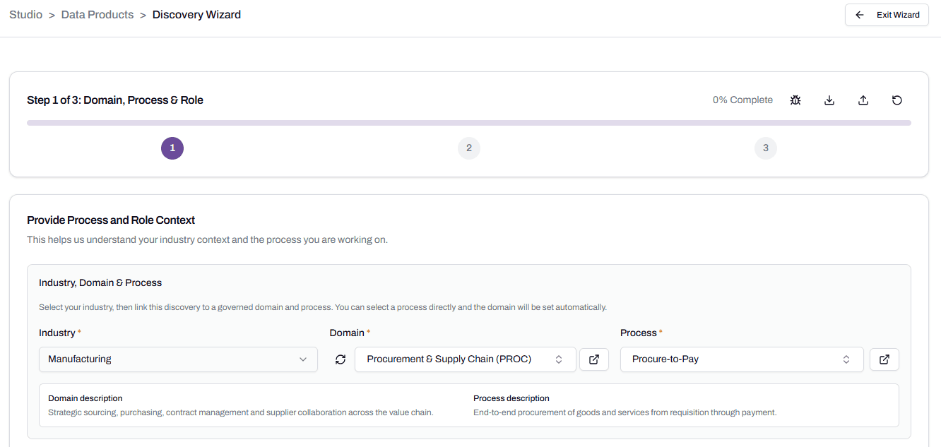 Step 1 of 3: Domain, Process and Role. The page shows Industry, Domain, and Process dropdowns, with Manufacturing, Procurement and Supply Chain, and Procure-to-Pay selected.