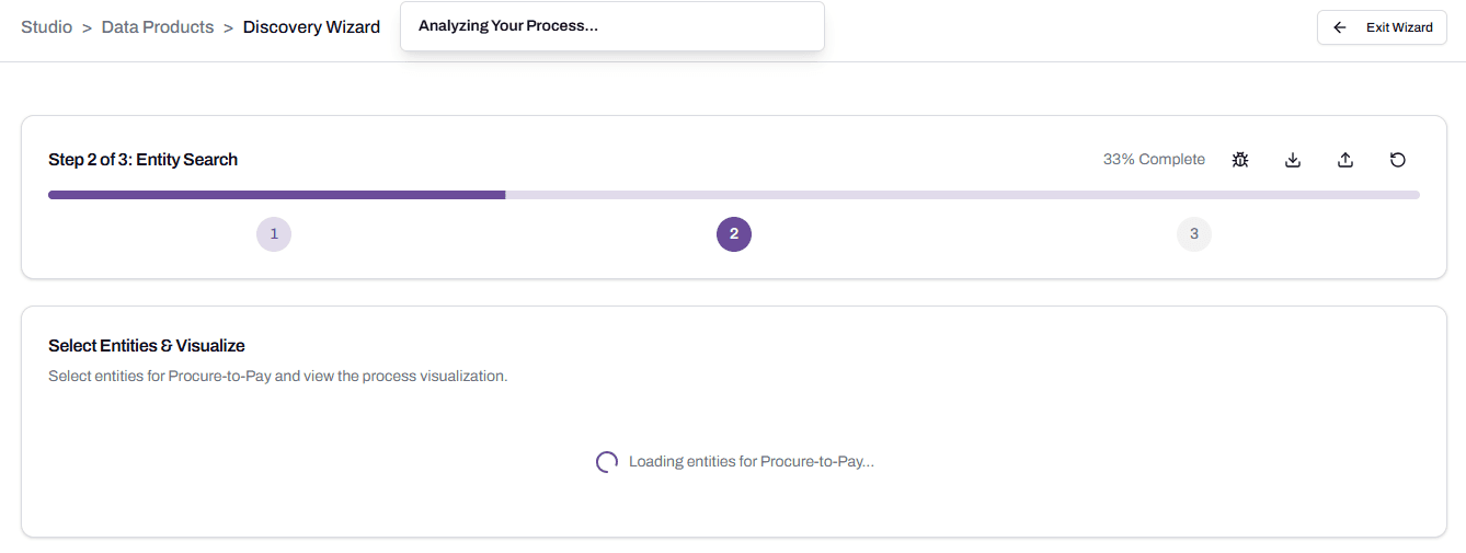 Step 2 of 3: Entity Search showing 33% complete, with an Analyzing Your Process modal and a Loading entities for Procure-to-Pay message.
