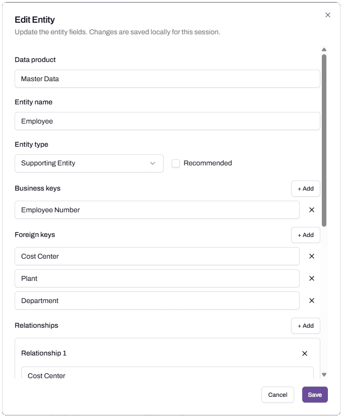 The Edit Entity dialog showing the six editable fields: Data product, Entity name, Entity type, a Recommended checkbox, Business keys, and Foreign keys, with a Relationships section below.