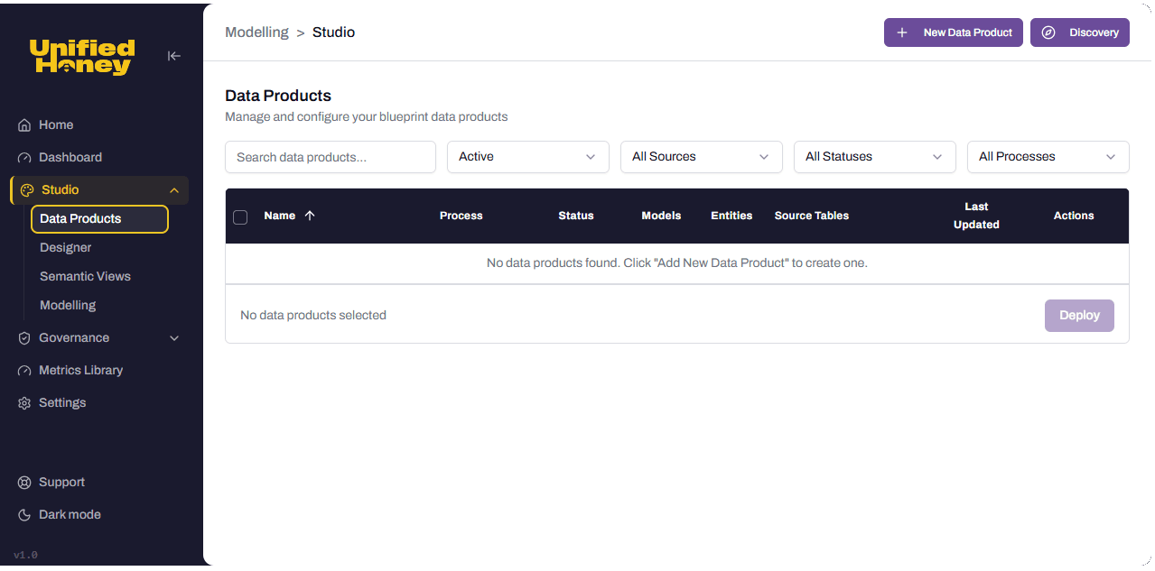 The Data Products page with an empty list and the Discovery button in the top right.