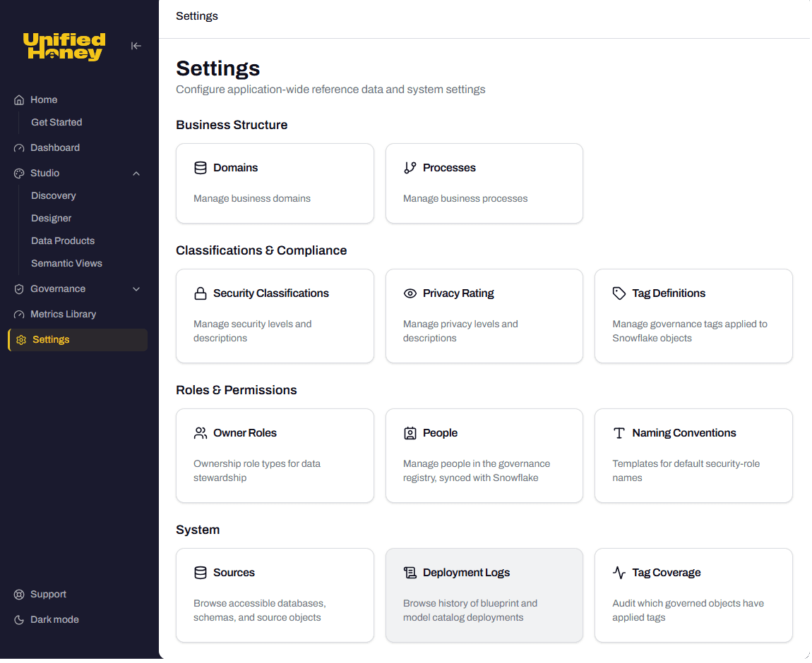 The Settings page in the platform, showing the Deployment Logs card under the System group.