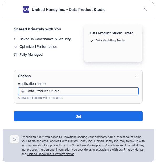 The Get dialog showing the Application name field defaulting to Data_Product_Studio.