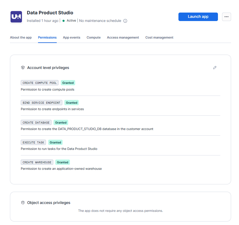 The installed app page showing Launch app, with DATA_STUDIO_WH and ACCOUNTADMIN selected in the top bar, and account-level privileges all marked Granted.