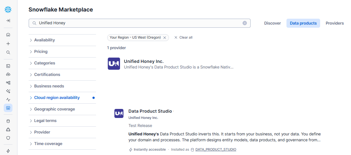 Snowflake Marketplace search results showing the Data Product Studio listing under Unified Honey Inc.