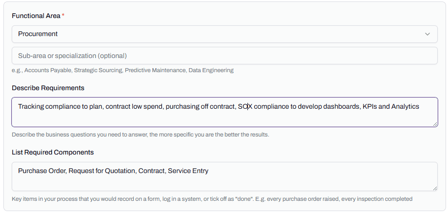 The bottom half of Step 1 of the Discovery Wizard, showing the Functional Area, Describe Requirements, and List Required Components fields.
