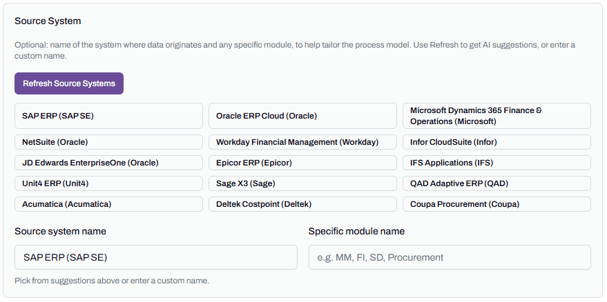 The Source System section of Step 1 of the Discovery Wizard, showing the Refresh Source Systems button.